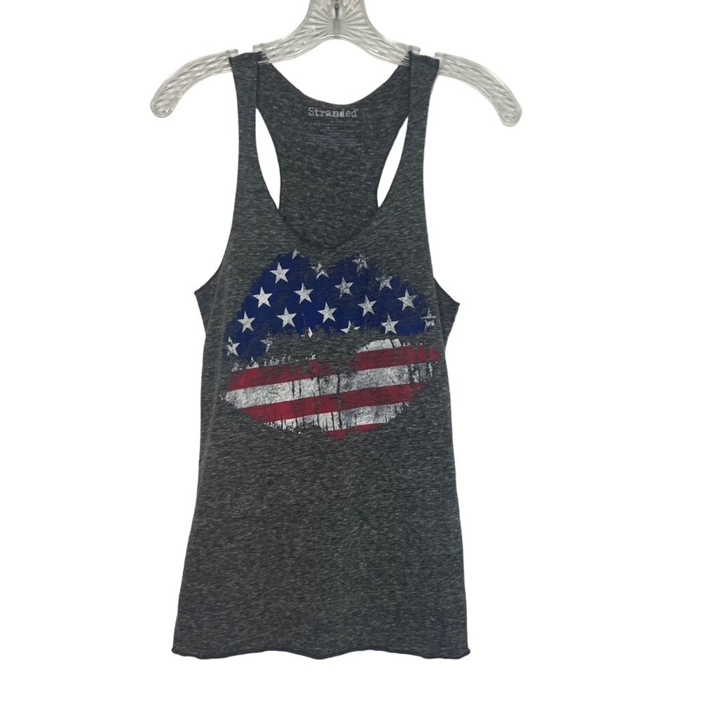Stranded Racerback Tank Top American Flag Lips Womens Medium Gray